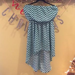 Strapless navy and seafoam green chevron dress